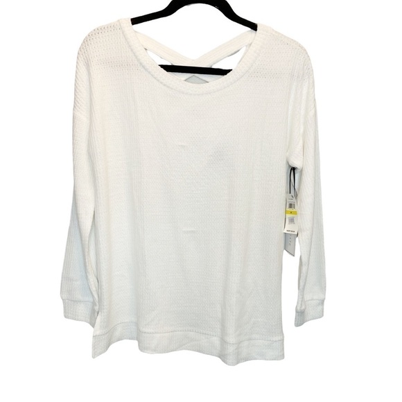 1. State Lattice V-Back Waffle Weave Sweater in Soft Ecru White Medium New - Picture 2 of 8